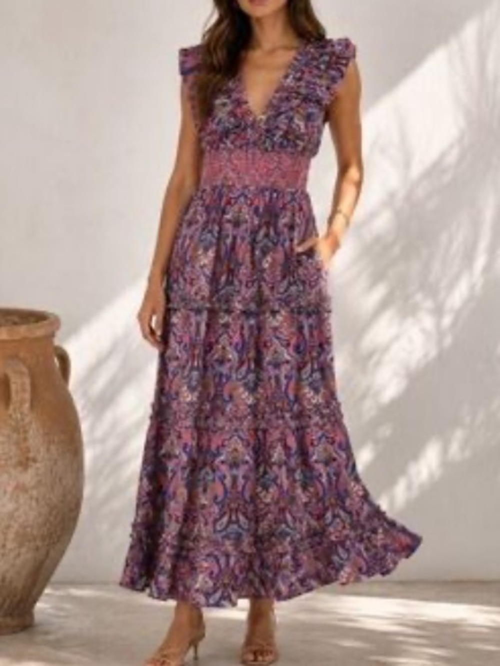 NWT Caroline Constas Floral Print Smocked Waist Cotton tiered Maxi Dress size M